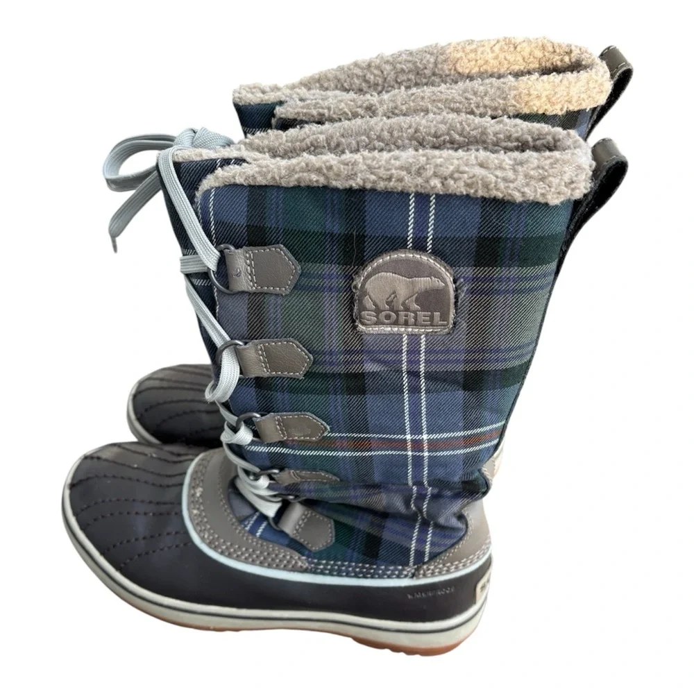 Sorel Women’s Tivoli High Waterproof Winter Boots – Brown w/ blue-grn plaid sz 6